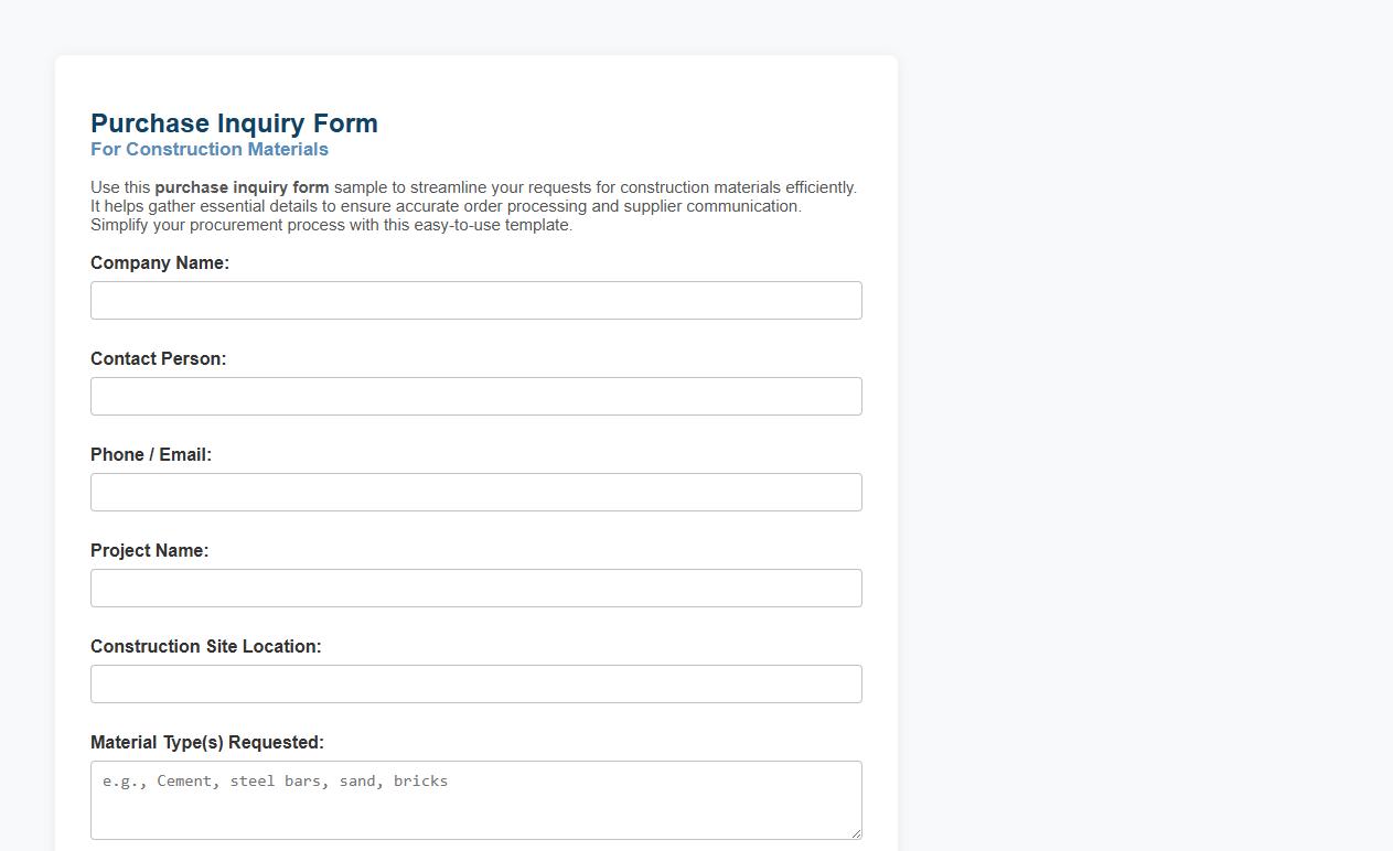 Purchase inquiry form sample for construction materials image preview