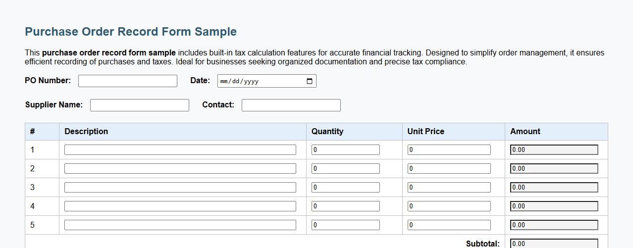 Purchase order record form sample with tax calculation image preview