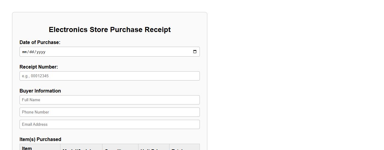 Purchase receipt form sample for electronics store image preview