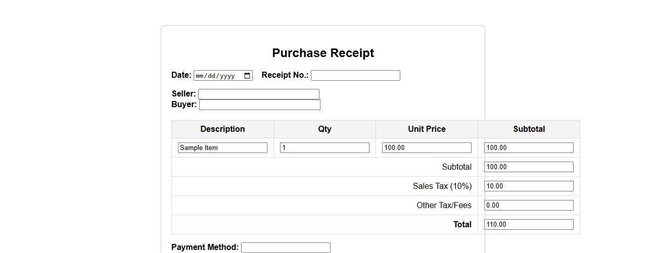 Purchase receipt form sample with tax breakdown image preview