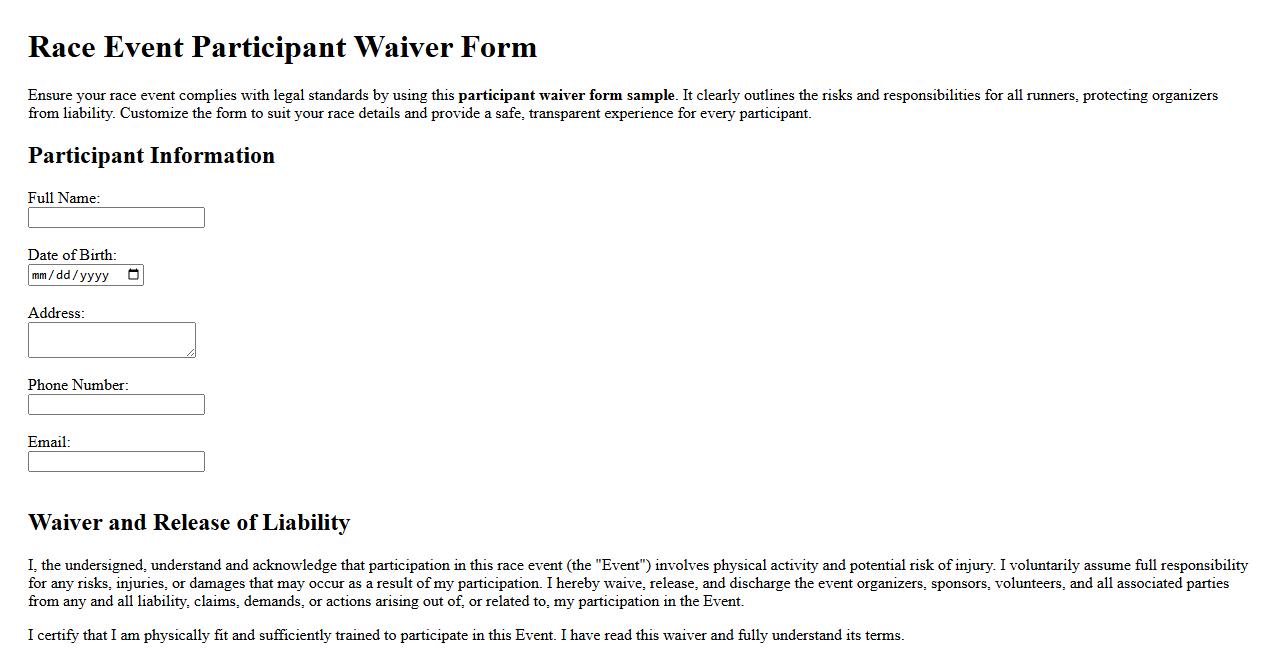 race event participant waiver form sample image preview