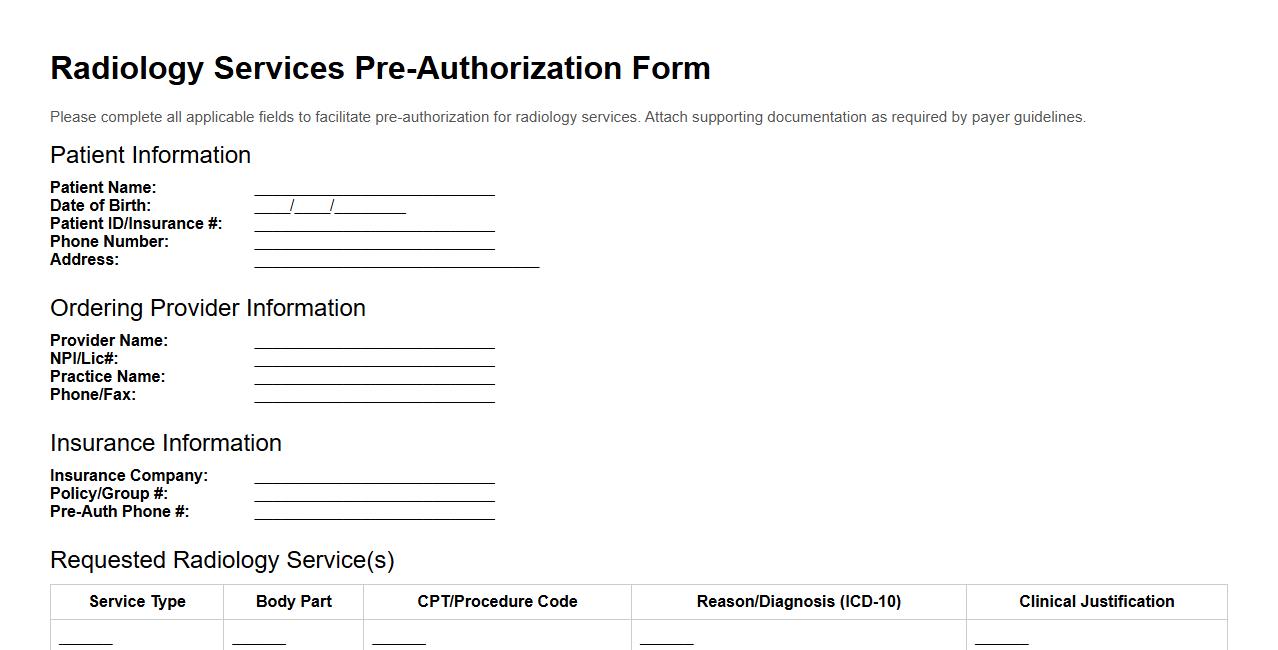 radiology services pre-authorization form sample printable image preview