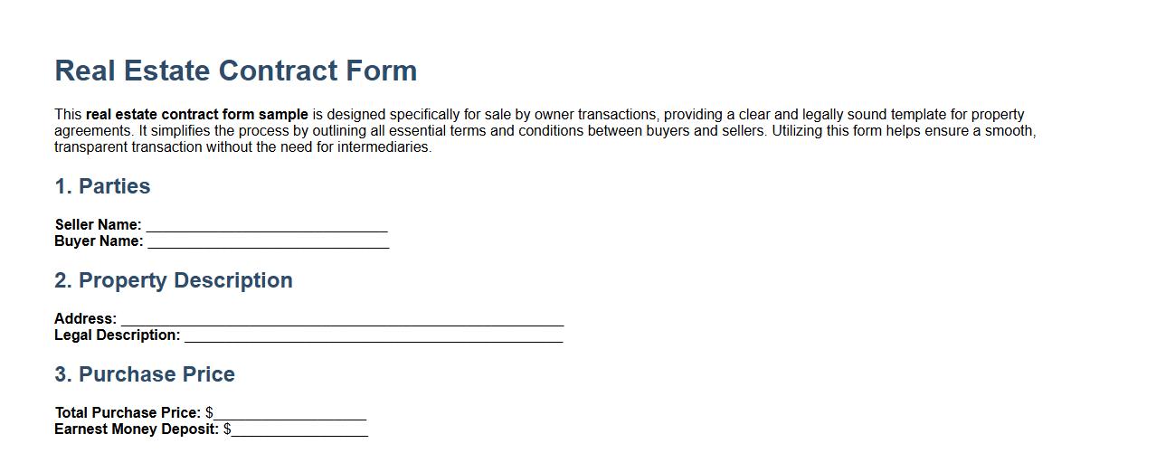 Real estate contract form sample for for sale by owner transactions image preview