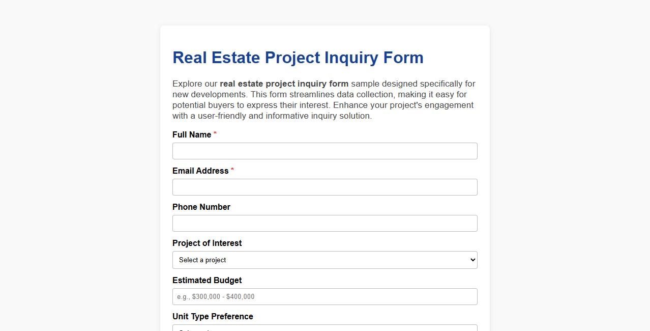 Real estate project inquiry form sample for new developments image preview