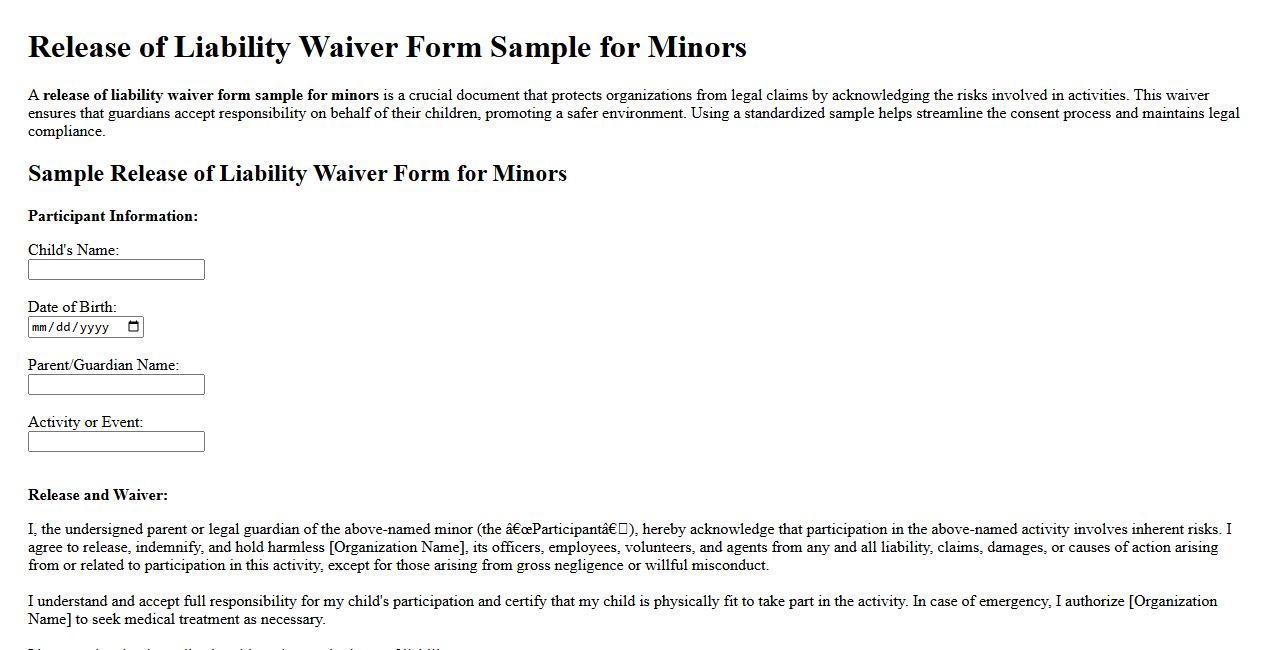 Release of liability waiver form sample for minors image preview