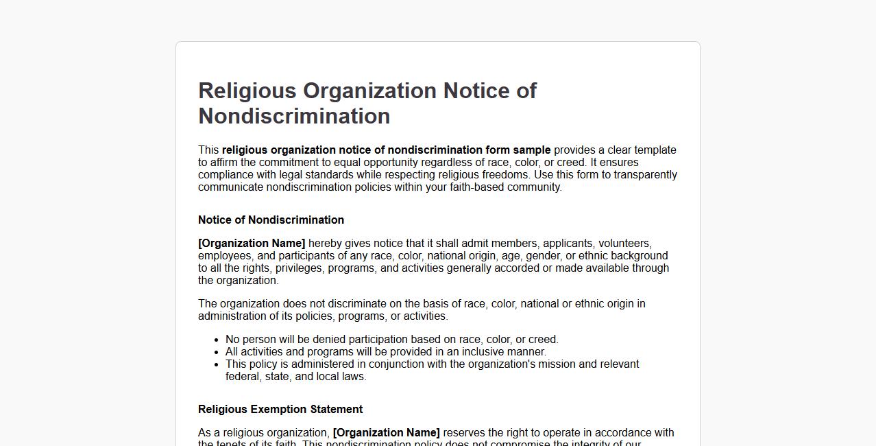 Religious organization notice of nondiscrimination form sample image preview
