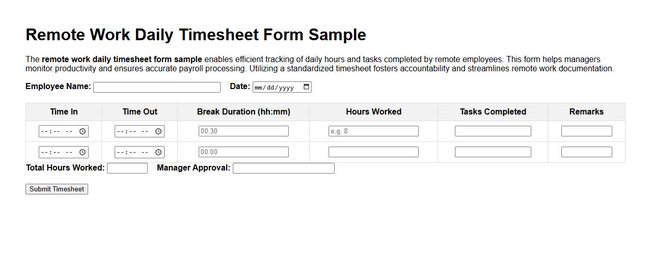 Remote work daily timesheet form sample image preview