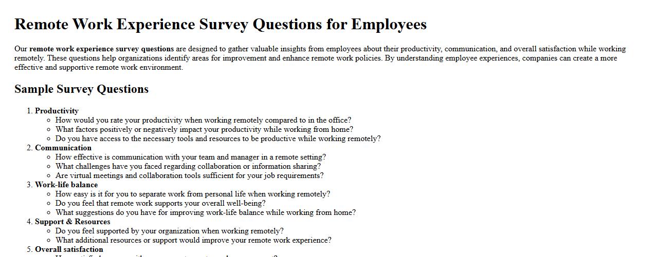 Remote work experience survey questions for employees image preview