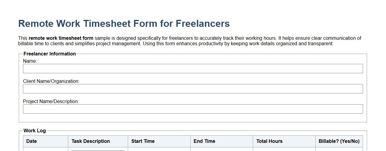 Remote work timesheet form sample for freelancers image preview