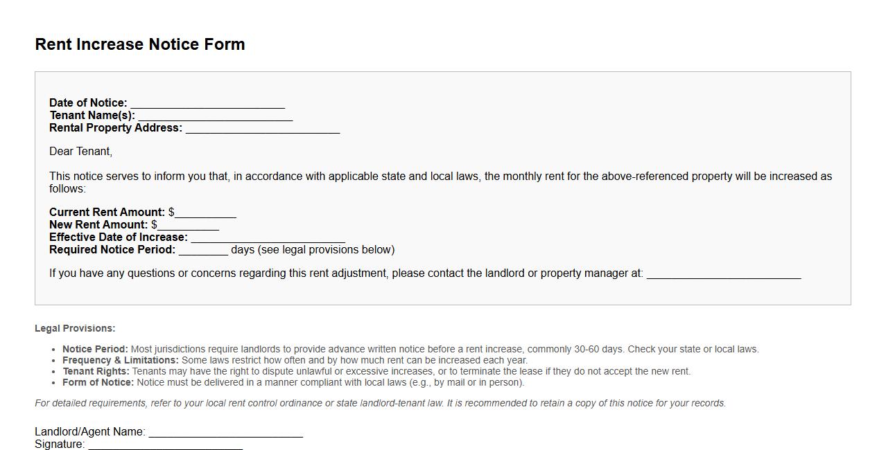 rent increase notice form sample including legal provisions image preview