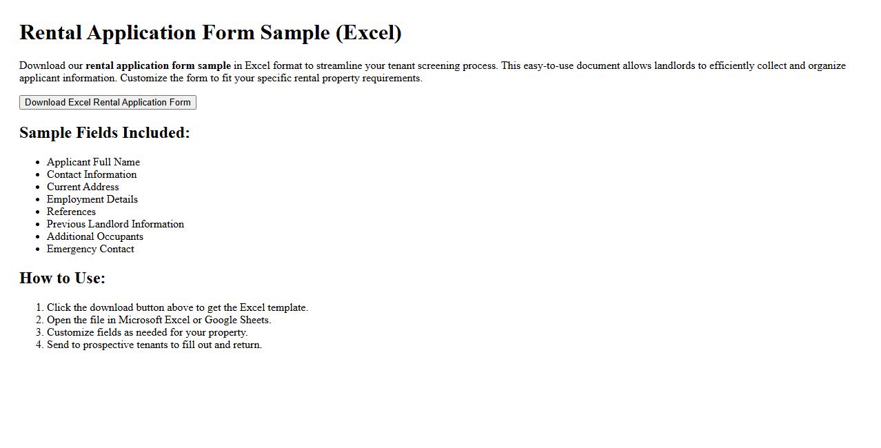 rental application form sample excel document image preview