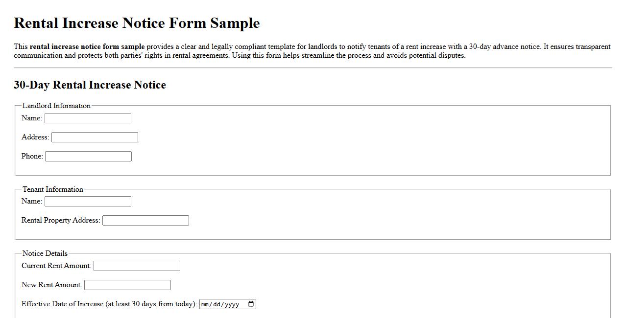 Rental increase notice form sample with 30 day notice image preview