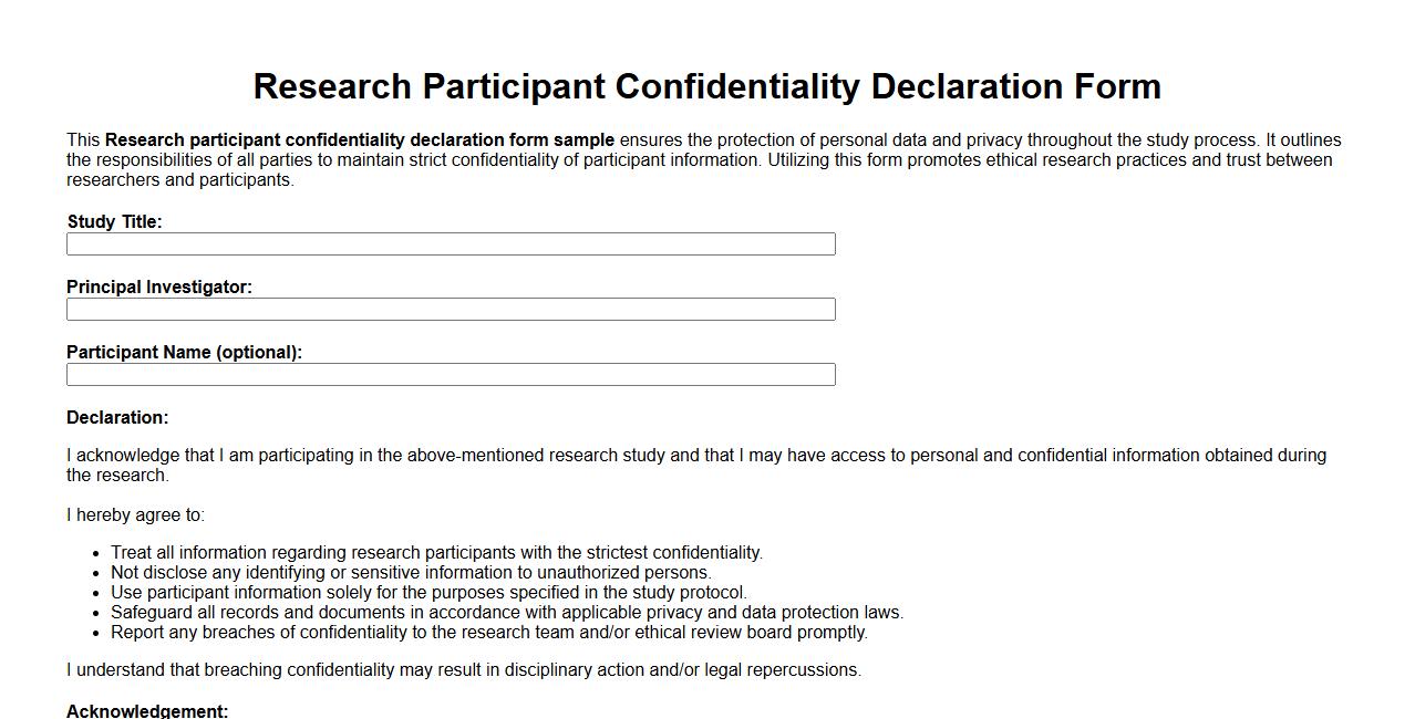 Research participant confidentiality declaration form sample image preview