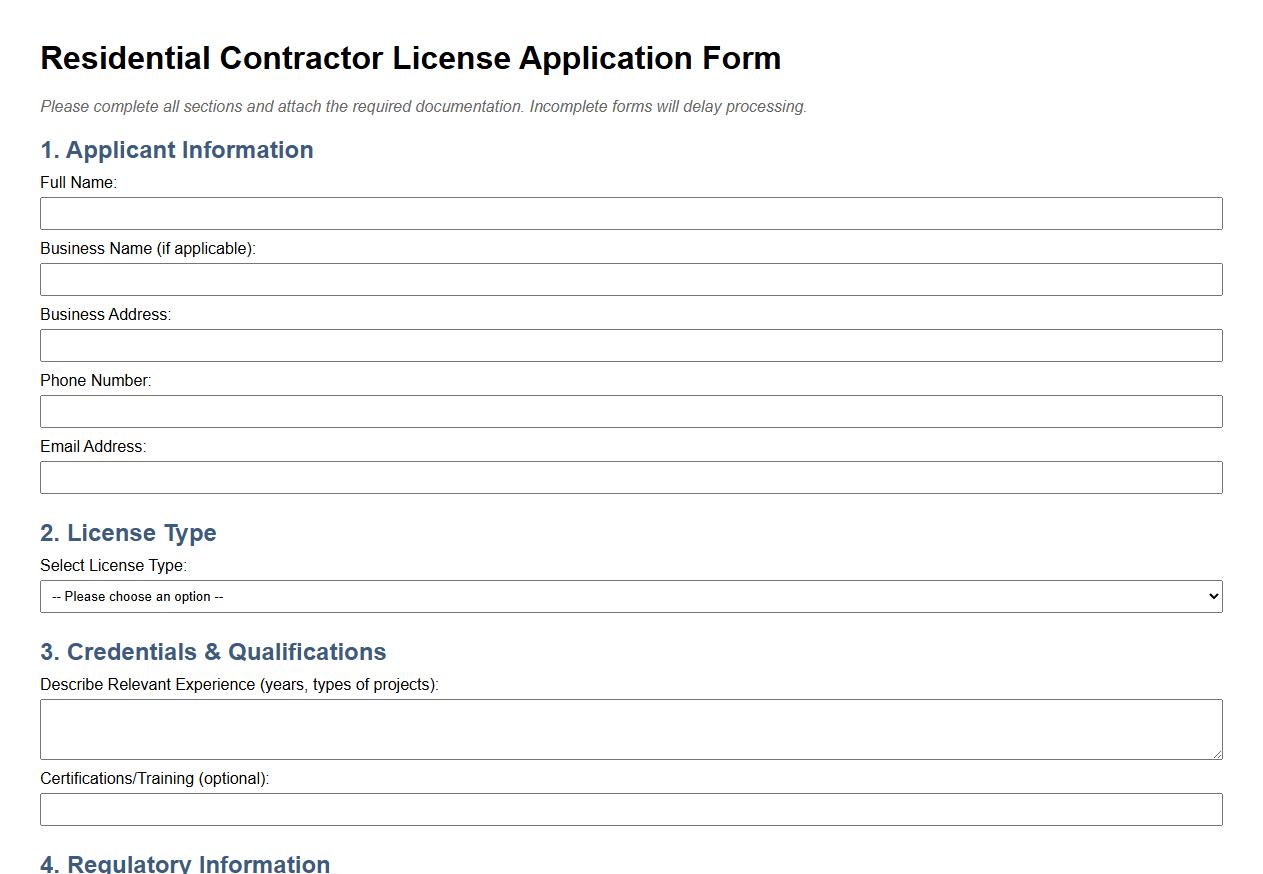 Residential contractor license form example image preview