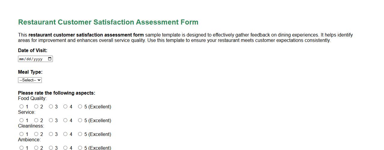 restaurant customer satisfaction assessment form sample template image preview