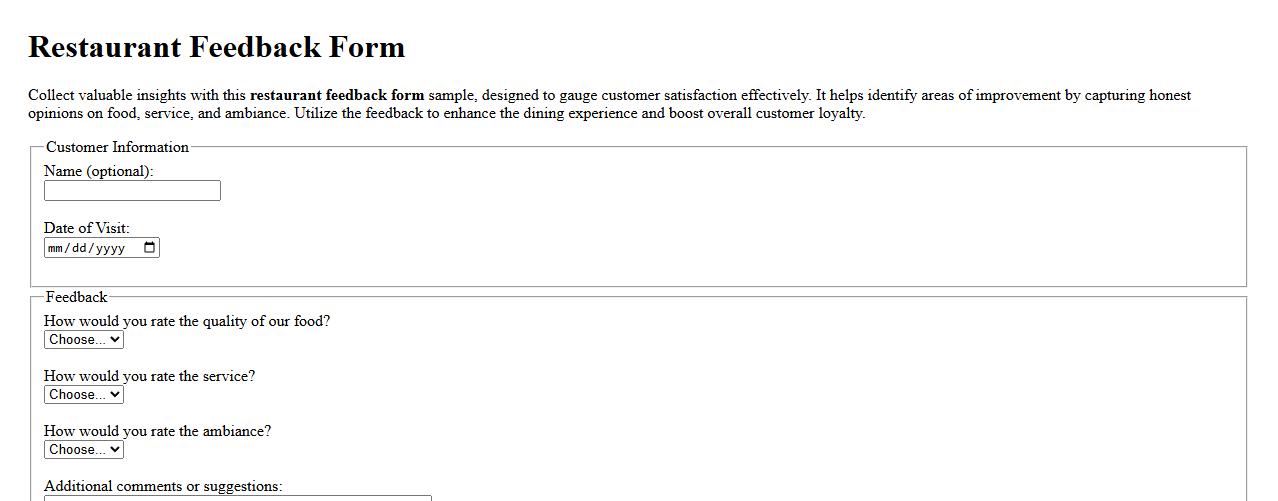 Restaurant feedback form sample for customer satisfaction image preview