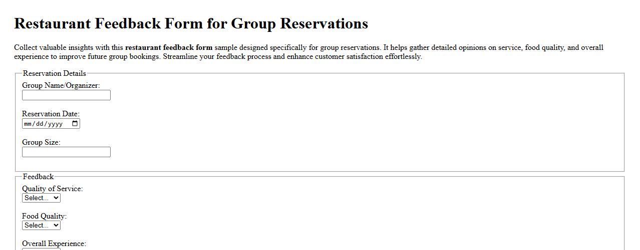 Restaurant feedback form sample for group reservations image preview