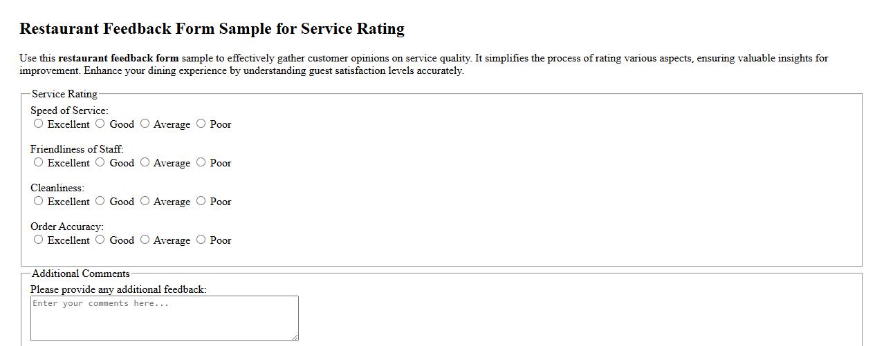 Restaurant feedback form sample for service rating image preview