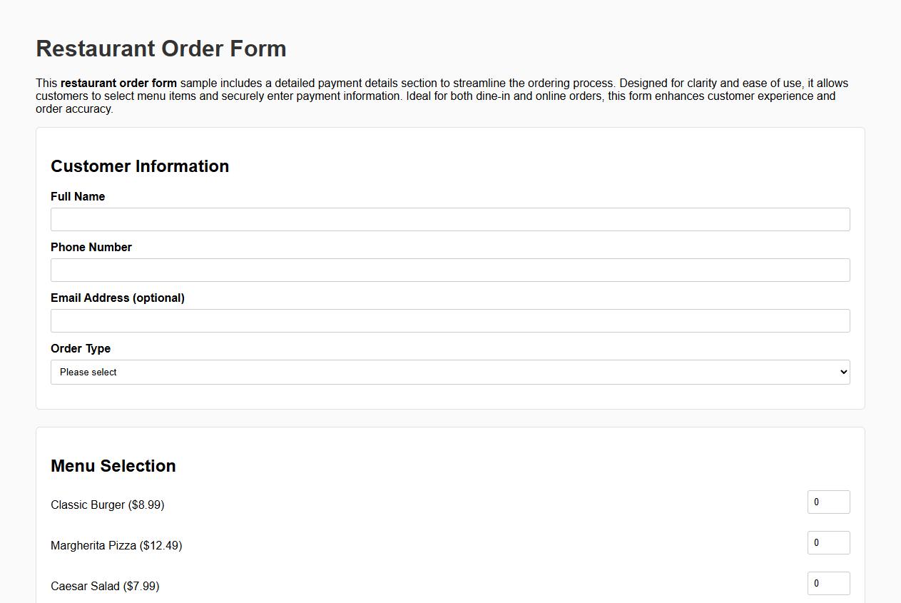 Restaurant order form sample with payment details section image preview