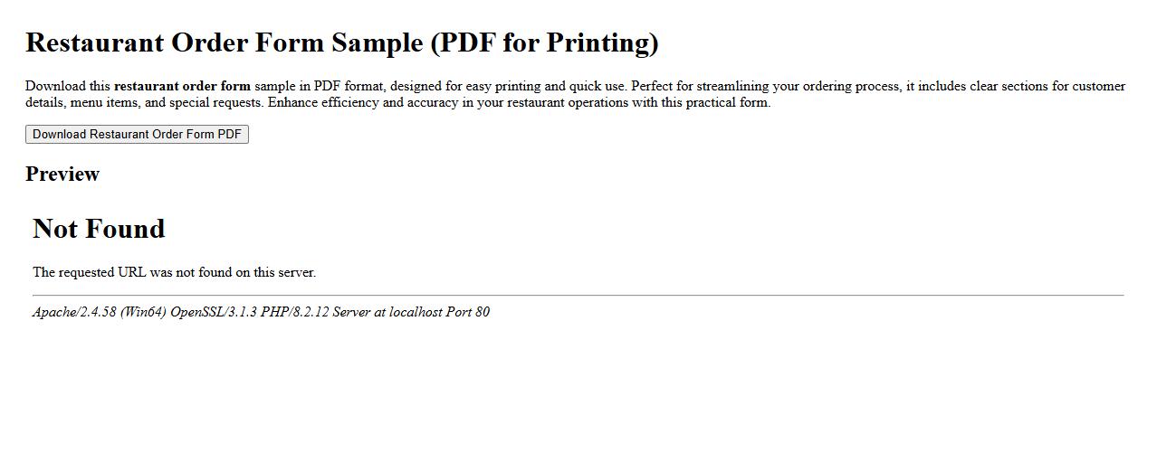 Restaurant order form sample in PDF format for printing image preview
