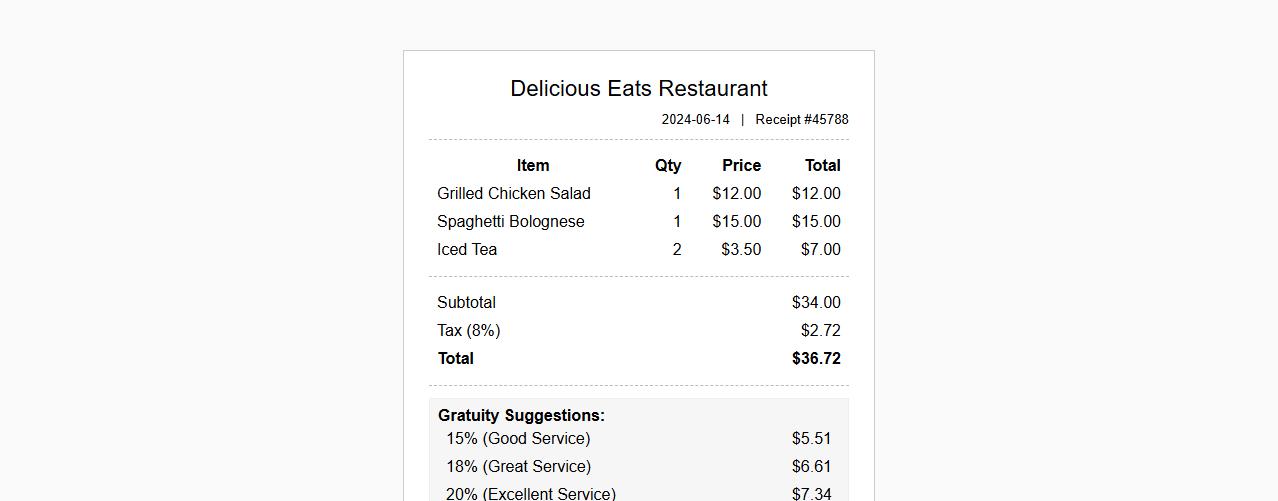restaurant receipt including gratuity calculation image preview