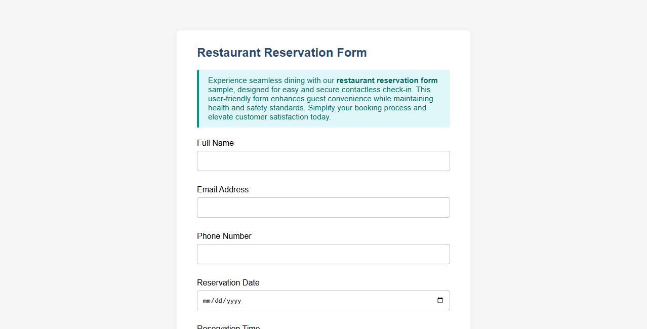 Restaurant reservation form sample featuring contactless check-in image preview