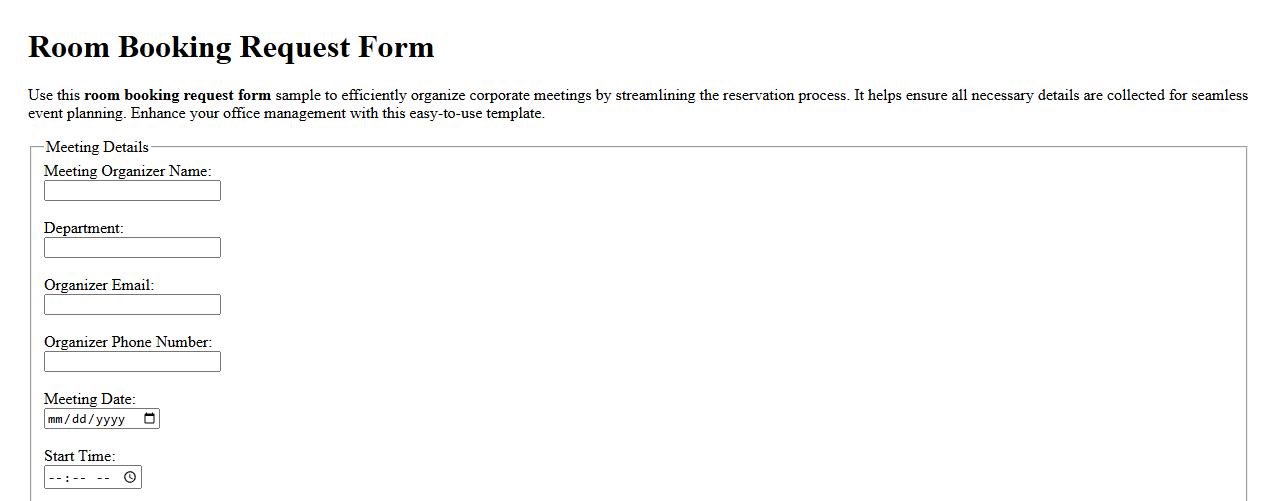 Room booking request form sample for corporate meetings image preview