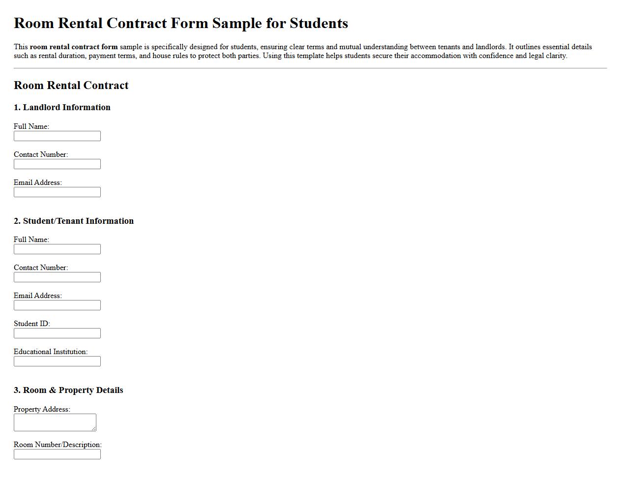 Room rental contract form sample for students image preview