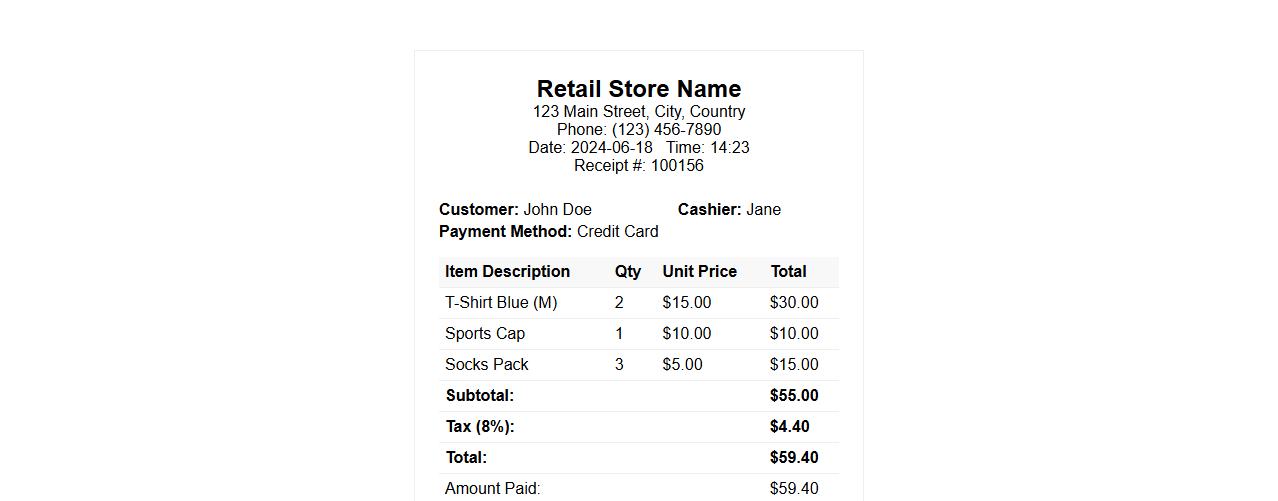 Sales receipt format for retail store image preview