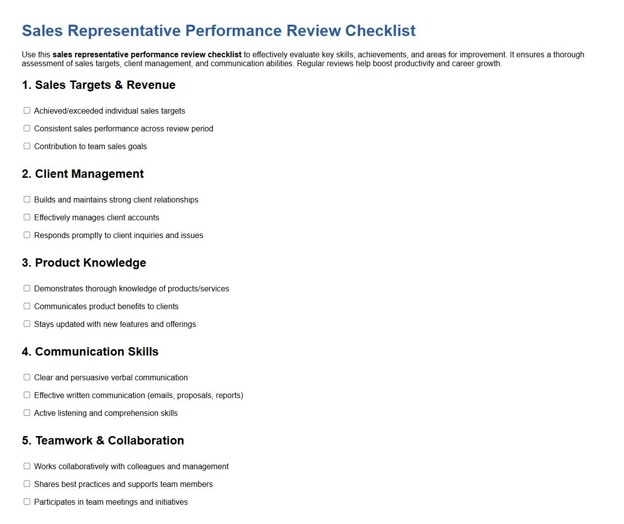 sales representative performance review checklist image preview