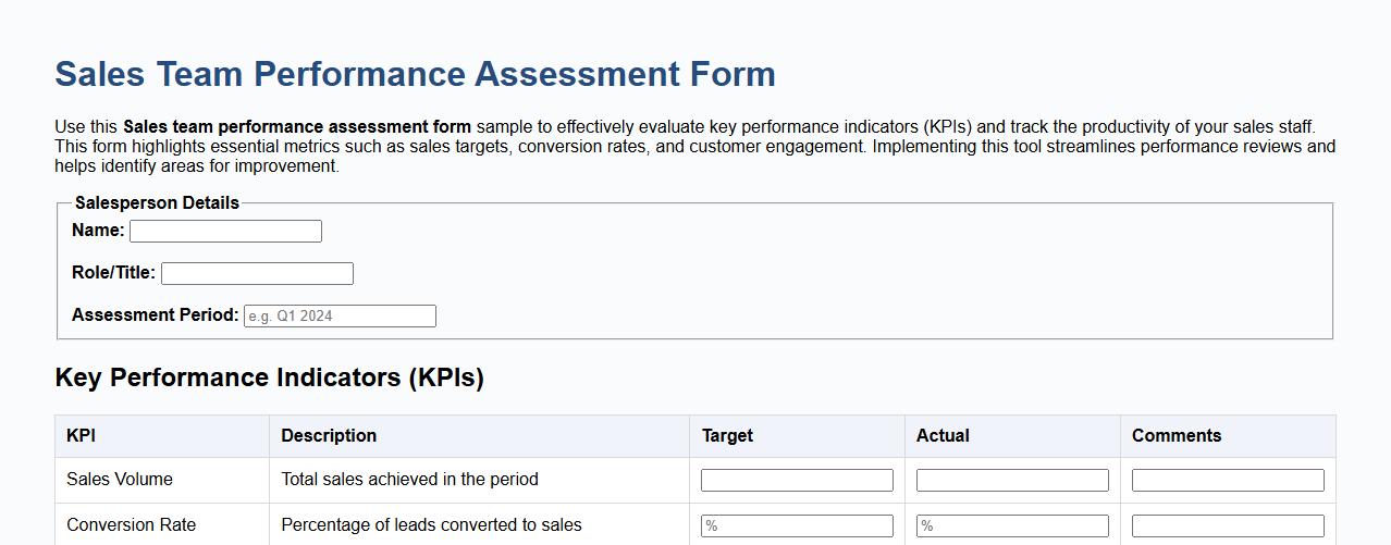 Sales team performance assessment form sample with KPIs image preview