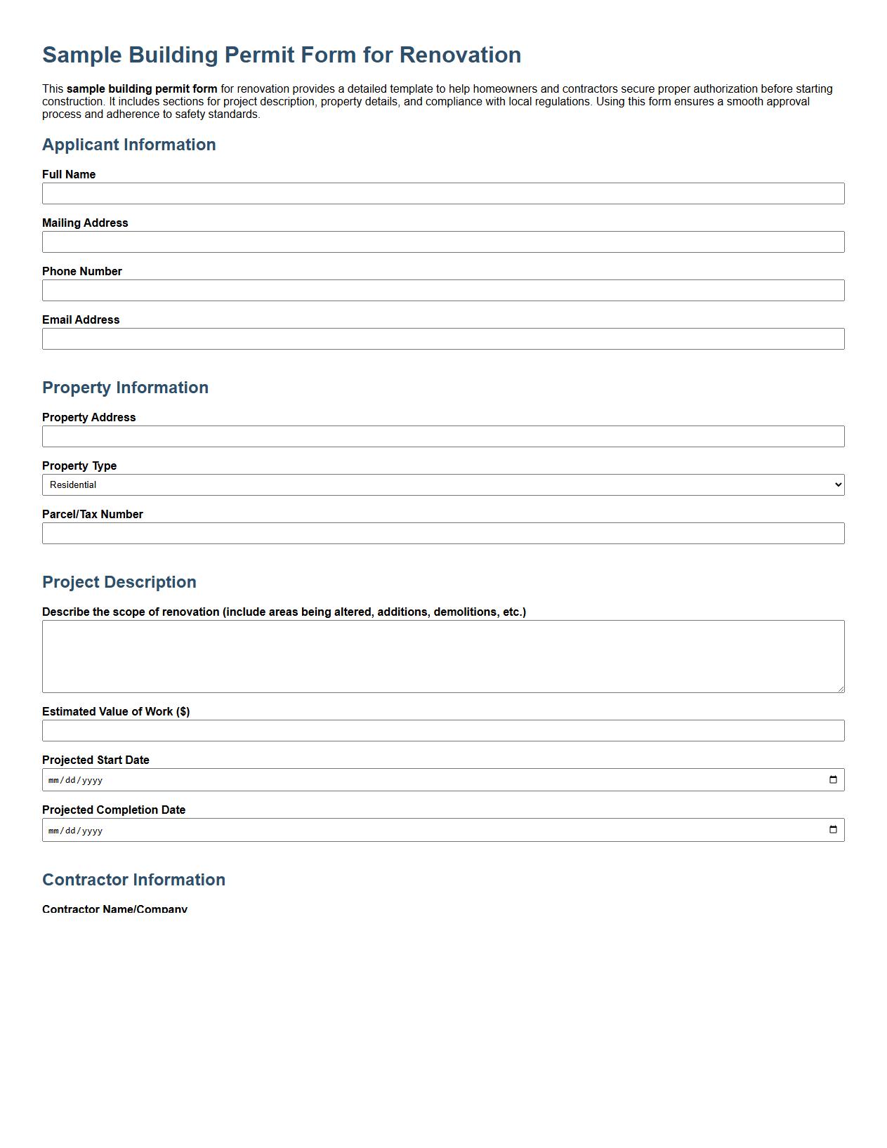 sample building permit form for renovation image preview
