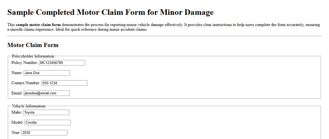 Sample completed motor claim form for minor damage image preview