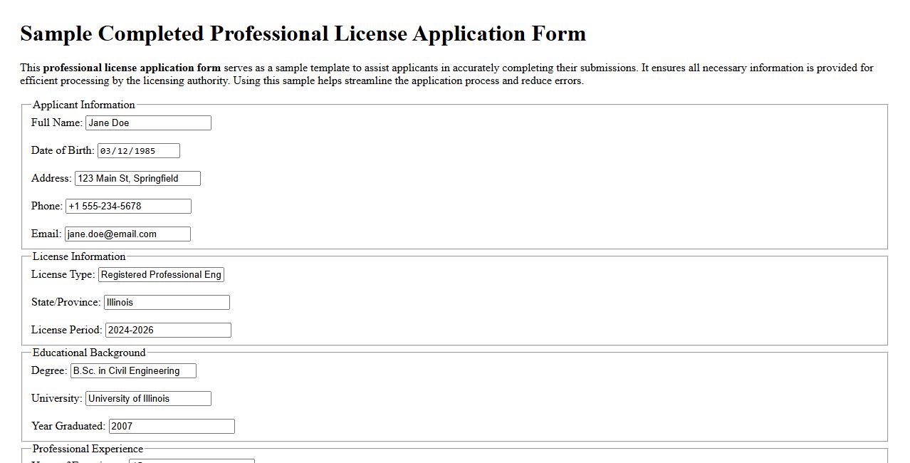 Sample completed professional license application form image preview
