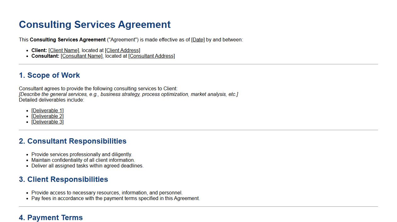 sample contract form for consulting services with payment terms image preview