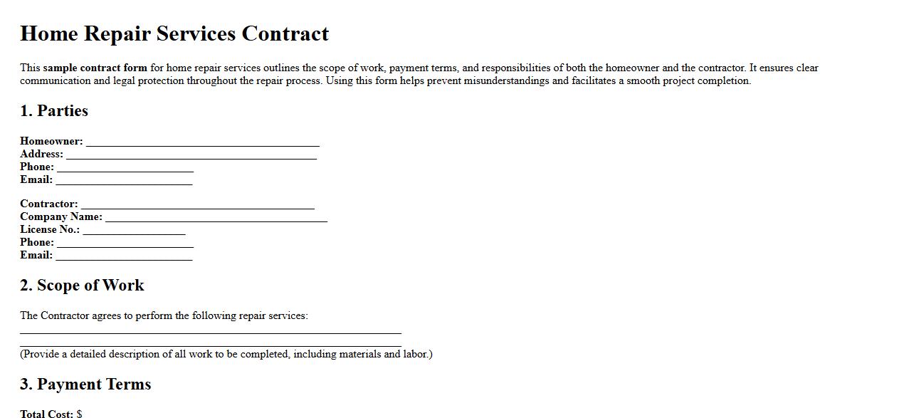 sample contract form for home repair services image preview