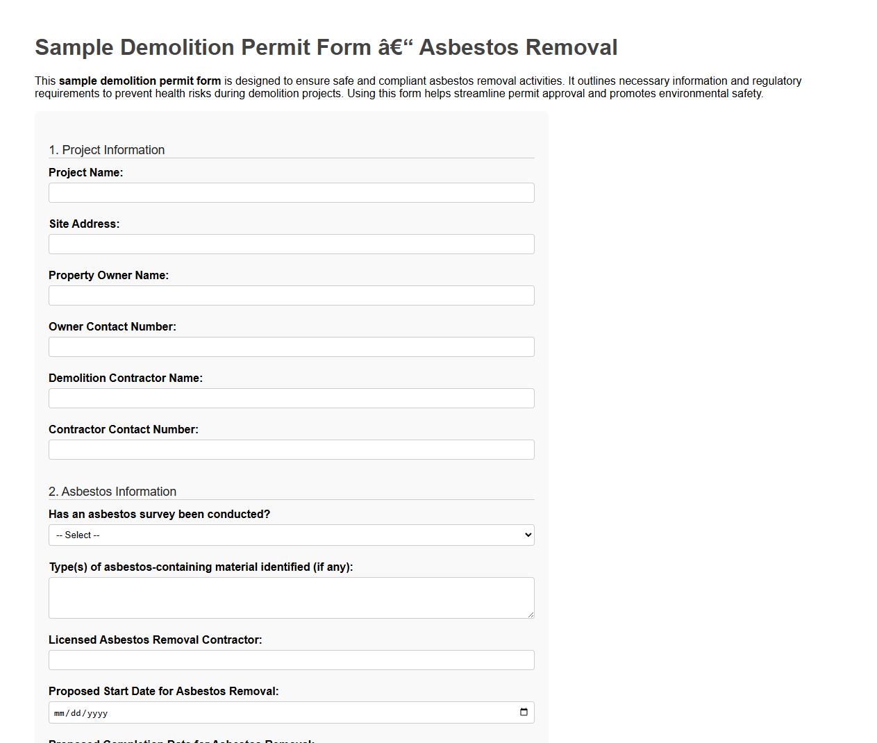 sample demolition permit form for asbestos removal image preview