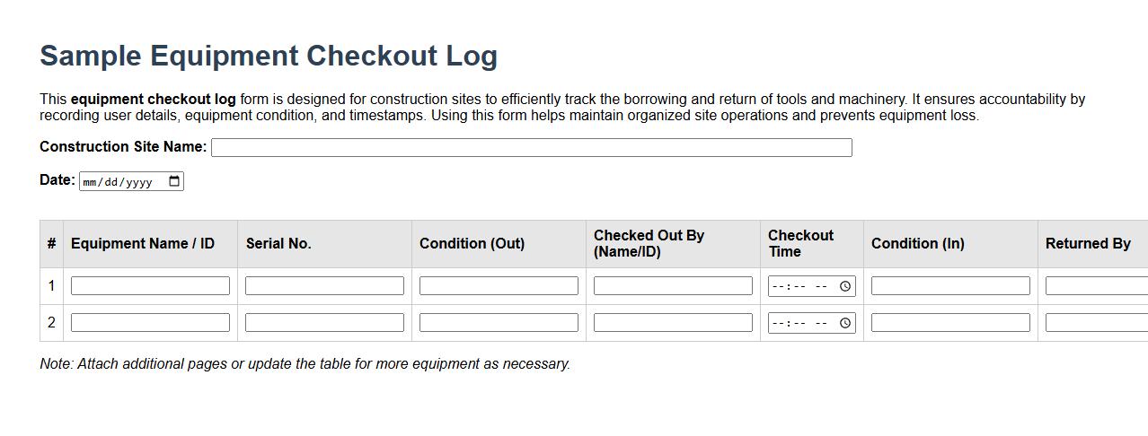Sample equipment checkout log form for construction sites image preview