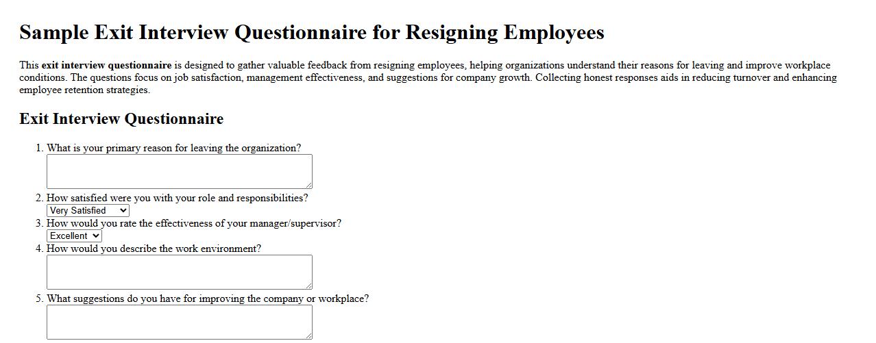 Sample exit interview questionnaire for resigning employees image preview