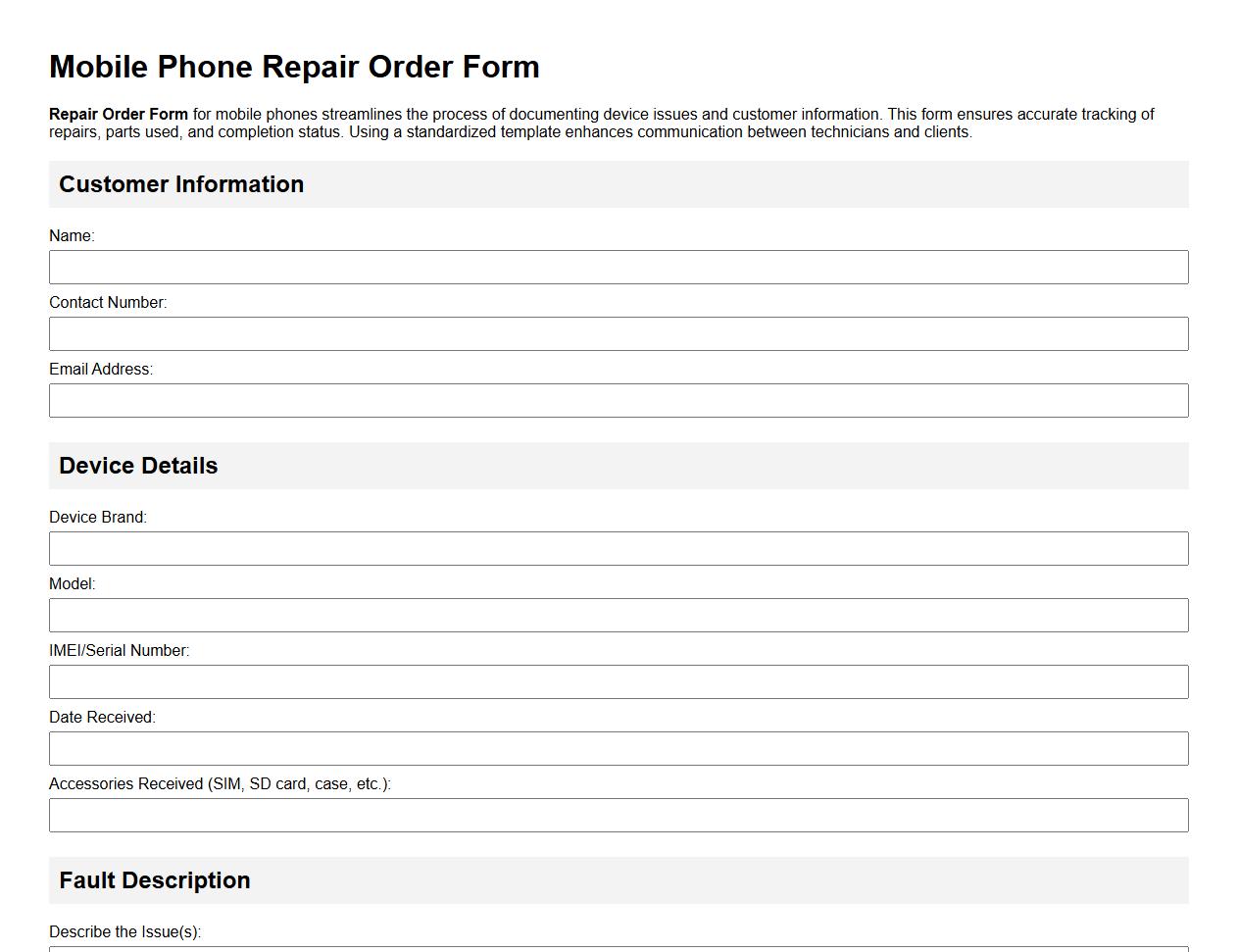 sample of repair order form for mobile phones image preview