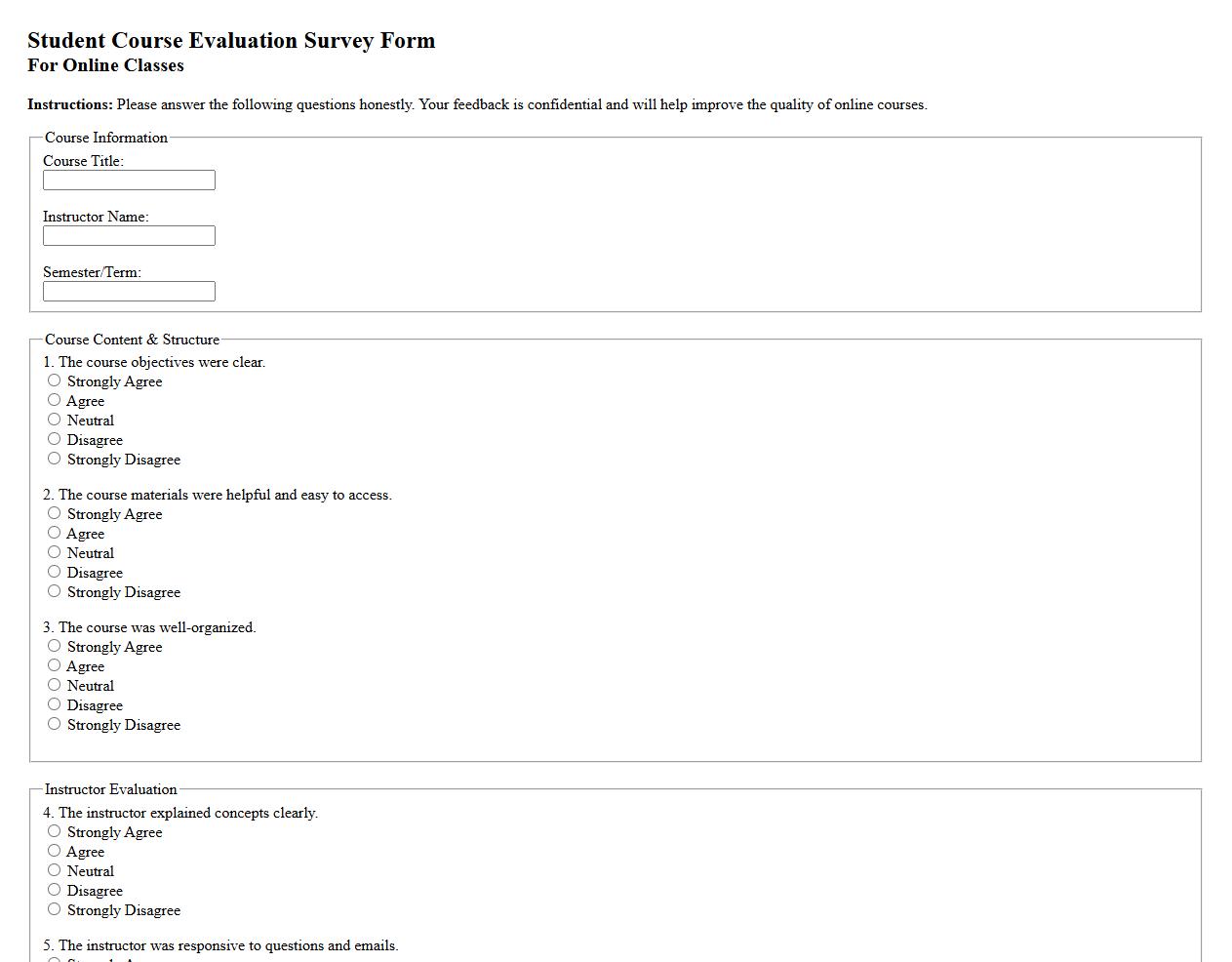 sample of student course evaluation survey form for online classes image preview