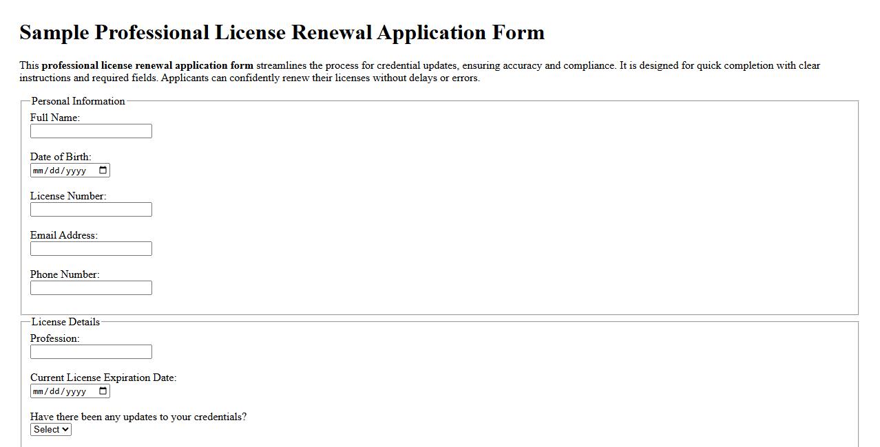 Sample professional license renewal application form image preview