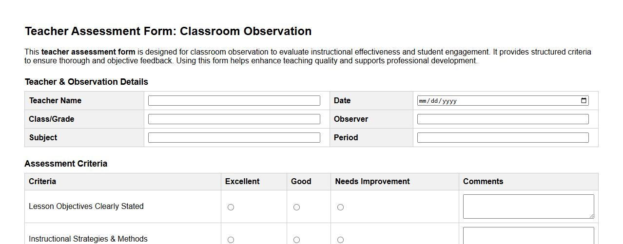sample teacher assessment form for classroom observation image preview