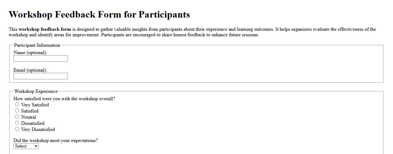 Sample workshop feedback form for participants image preview