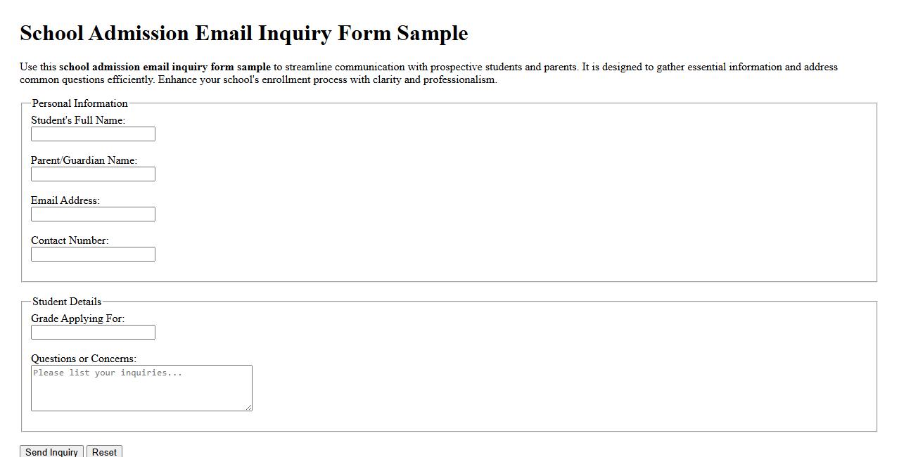 School admission email inquiry form sample image preview