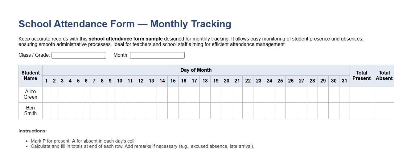 School attendance form sample for monthly tracking image preview
