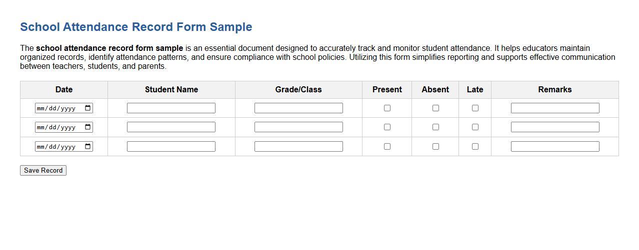 school attendance record form sample image preview