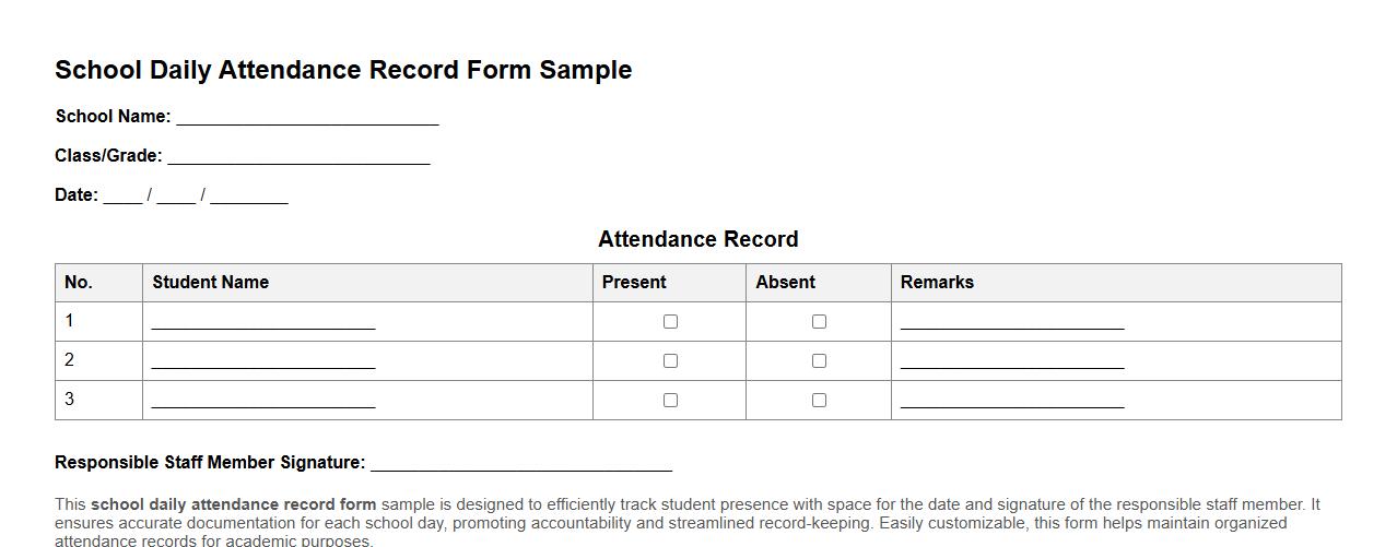 School daily attendance record form sample with date and signature image preview