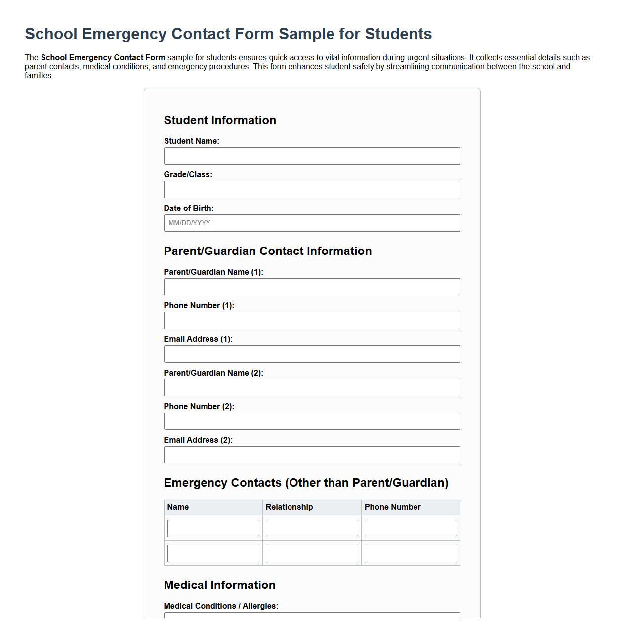 School Emergency Contact Form Sample for Students image preview