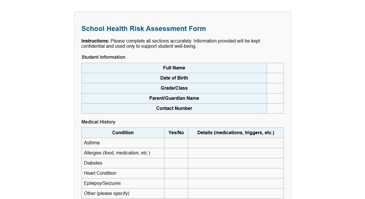 School health risk assessment form sample image preview